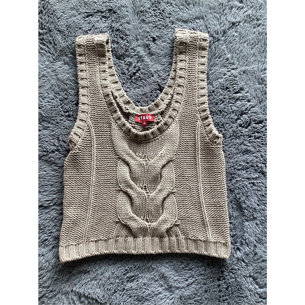 Staud Women Wool Blend Kind Sleeveless Cable Knit Crop Top Brown Tan Size Medium